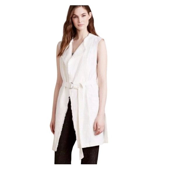 Anthropologie Elevenses Luna Frayed Linen Vest Off White Belted Size Medium - Picture 2 of 10
